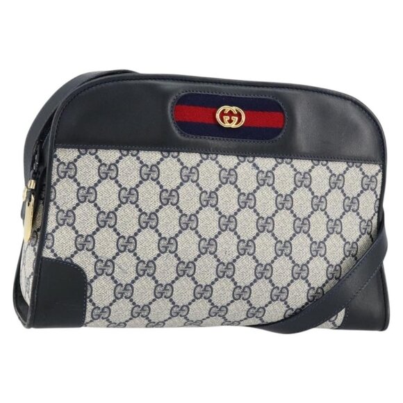 Authentic GUCCI GG Supreme Sherry Line Shoulder Bag PVC Navy Gold - Picture 1 of 16